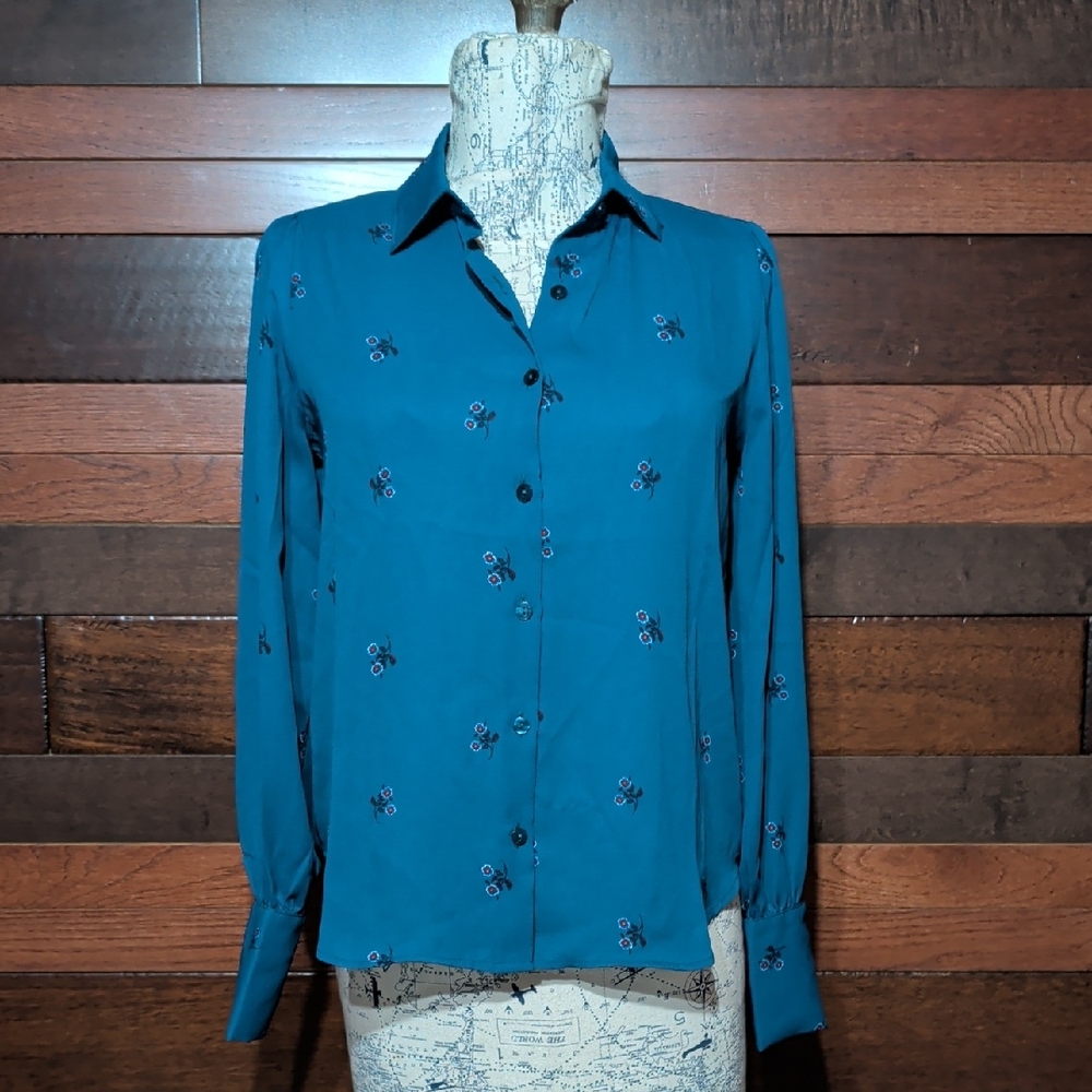 Ann Taylor Factory Teal Floral Button-Down Shirt